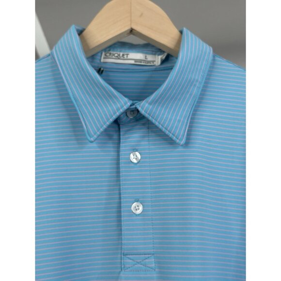 Criquet Polo Shirt Mens Large Blue Pink Striped Stretch Performance Golf - Picture 3 of 14